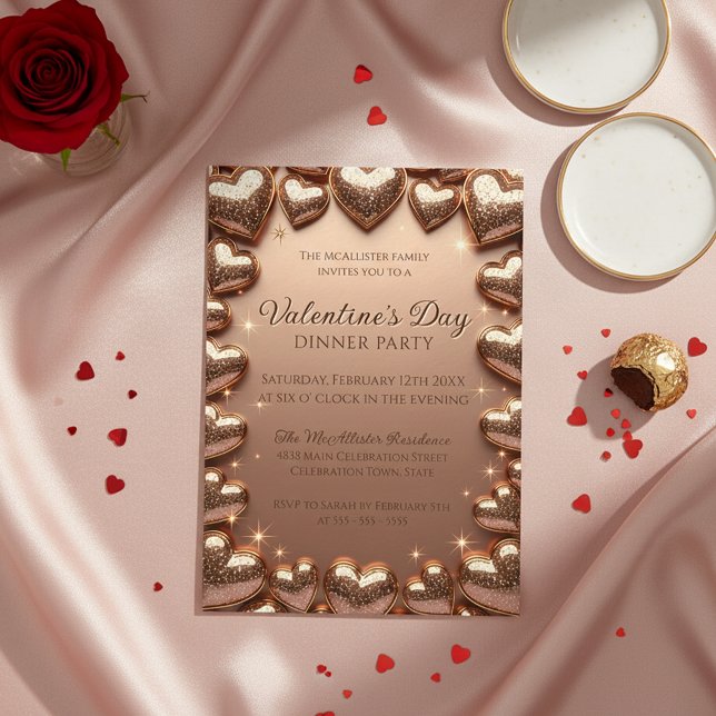 Convites Rose Gold Glitter Hearts Valentine's Day Party (Criador carregado)