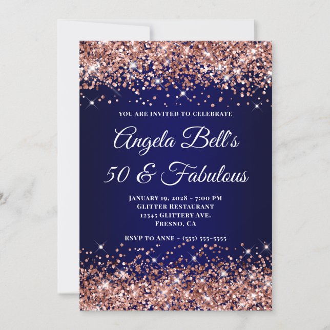 Convites Rose Gold Glitter Navy Blue Ombre 50 & Fabulous (Frente)