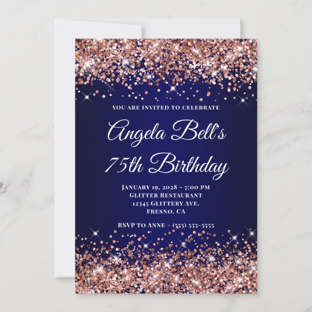 Convites Rose Gold Glitter Navy Blue Ombre 75th Birthday (Frente)