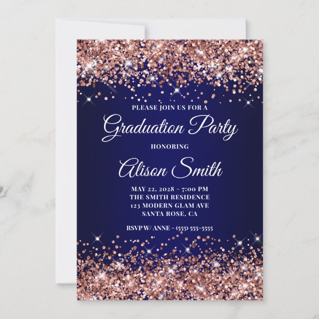 Convites Rose Gold Glitter Navy Blue Ombre Graduation Party (Frente)