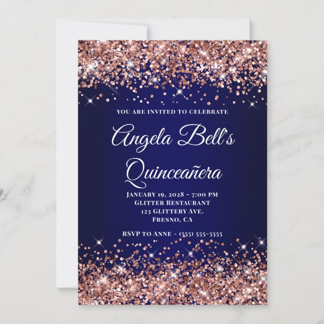 Convites Rose Gold Glitter Navy Blue Ombre Quinceanera (Frente)