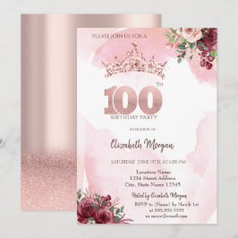 Convites  Rose Gold Glitter Roses Crown 100th Birthday 