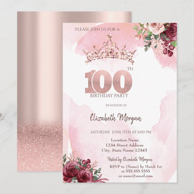 Convites  Rose Gold Glitter Roses Crown 100th Birthday  (Frente/Verso)