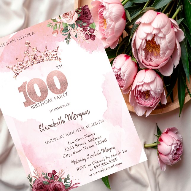 Convites  Rose Gold Glitter Roses Crown 100th Birthday  (Criador carregado)