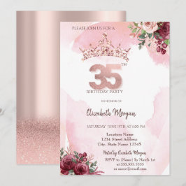 Convites  Rose Gold Glitter Roses Crown 35th Birthday 