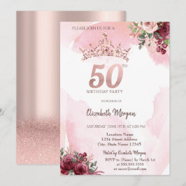 Convites  Rose Gold Glitter Roses Crown 50th Birthday Party