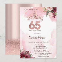 Convites  Rose Gold Glitter Roses Crown 65th Birthday Party