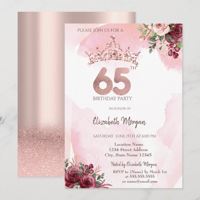 Convites  Rose Gold Glitter Roses Crown 65th Birthday Party (Frente/Verso)