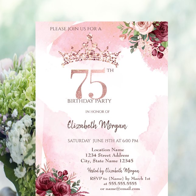 Convites  Rose Gold Glitter Roses Crown 75th Birthday  (Criador carregado)