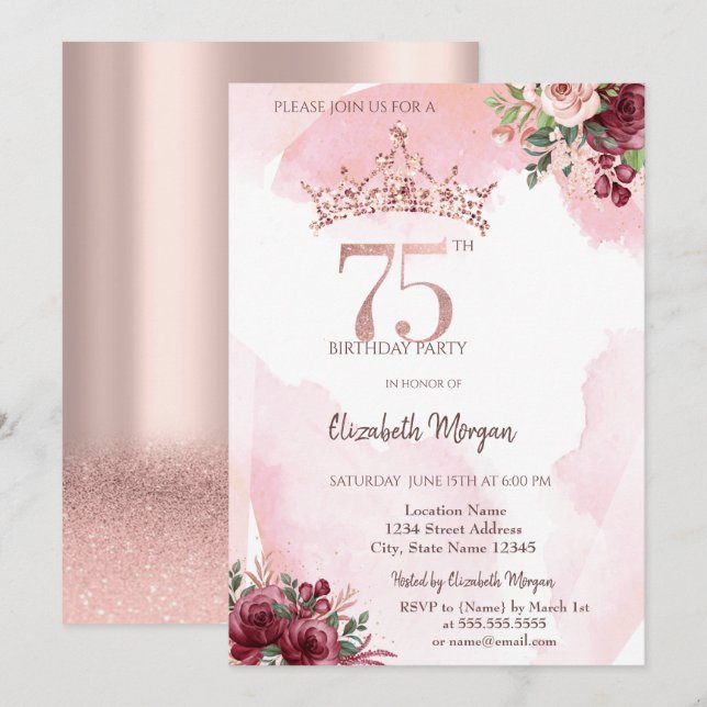 Convites  Rose Gold Glitter Roses Crown 75th Birthday  (Frente/Verso)