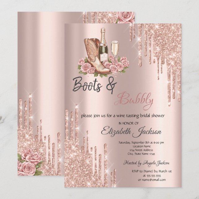 Convites Rose Gold  Gotas de Vinho Botas & Bridal Bubbly  (Frente/Verso)