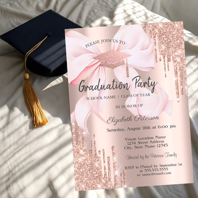 Convites Rose Gold Grad Cap Drips Bow Photo Graduation (Criador carregado)