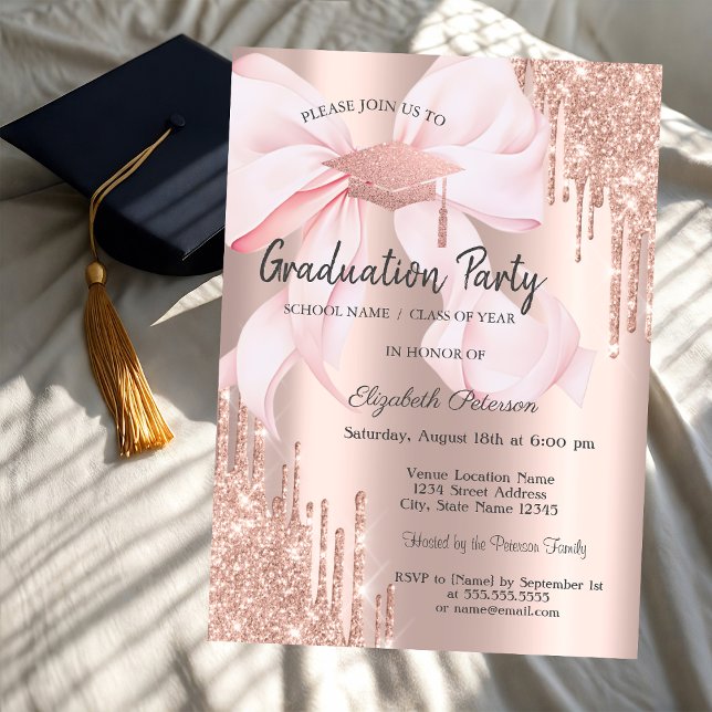 Convites Rose Gold Grad Cap Glitter Drips Bow Graduation (Criador carregado)