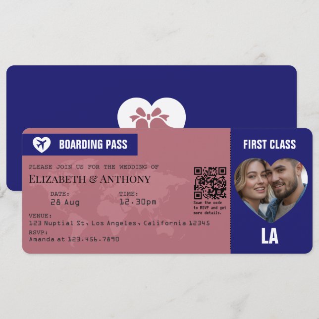 Convites Rose Gold & Midnight Blue Boarding Pass Wedding (Frente/Verso)