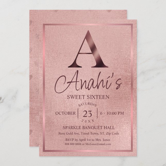 Convites Rose Gold Monogram Sweet Sixteen (Frente/Verso)
