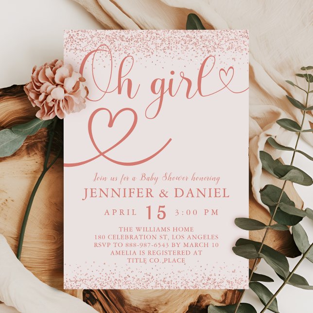 Convites Rose Gold Oh Girl Blush Confetti Script (Criador carregado)