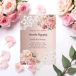 Convites Rose gold pink florals lace 50 anos luxo