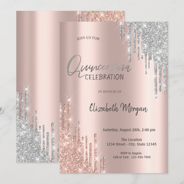 Convites Rose Gold Prata Brilho Gotas Quinceañera  (Frente/Verso)