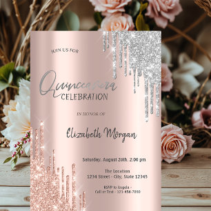 Convites Rose Gold Prata Brilho Gotas Quinceañera