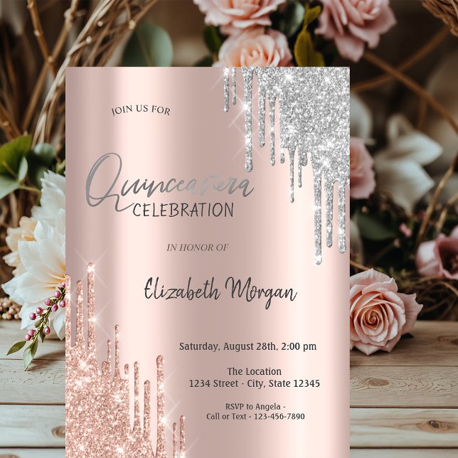 Convites Rose Gold Prata Brilho Gotas Quinceañera  (Criador carregado)