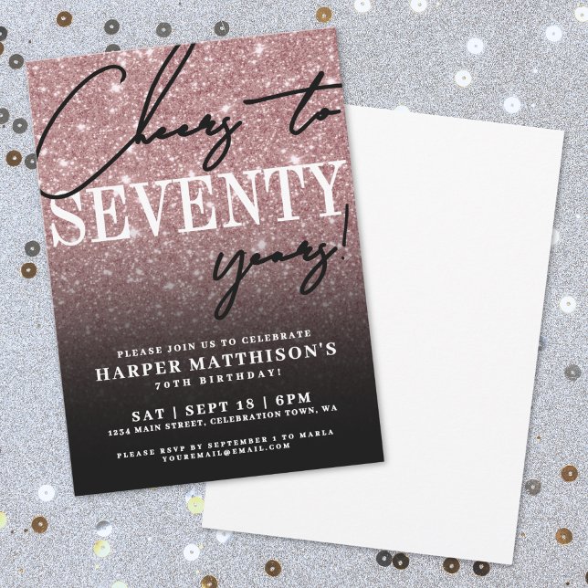 Convites Rose Gold Setenta 70º Aniversário (Black Rose Gold Seventy 70th Birthday Invitation)