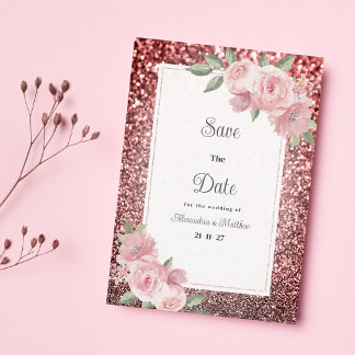Convites Rose gold silver glitter pink floral Save The Date