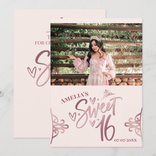 Convites Rose Gold Sweet 16 Thank you card Template (Frente/Verso)