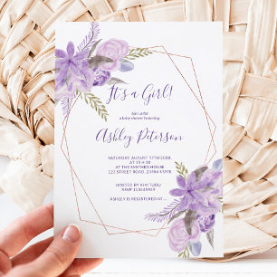 Convites Rose gold watercolor purple floral baby shower
