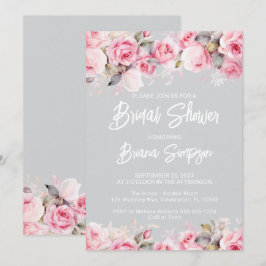 Convites Rose Pink Floral Gray Bridal Shower