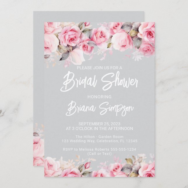 Convites Rose Pink Floral Gray Bridal Shower  (Frente/Verso)