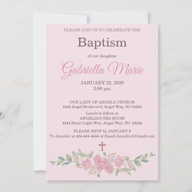 Convites Rose Pink Floral Watercolor Cross Baptism (Frente)