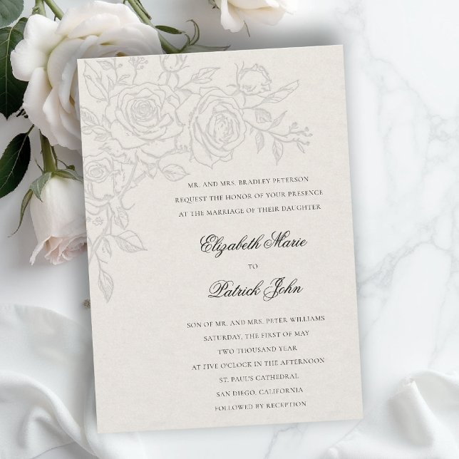 Convites Rose Theme Beloved Ecru Formal Classic Wedding (formal traditional wedding invitation roses theme floral modern classic luxury pure ecru)