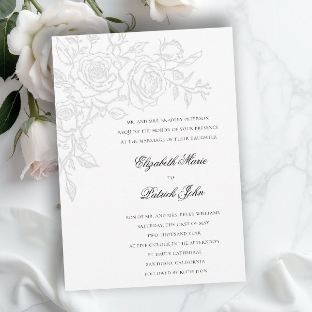 Convites Rose Theme Beloved White Formal Classic Wedding (formal traditional wedding invitation roses theme floral modern classic luxury pure white)