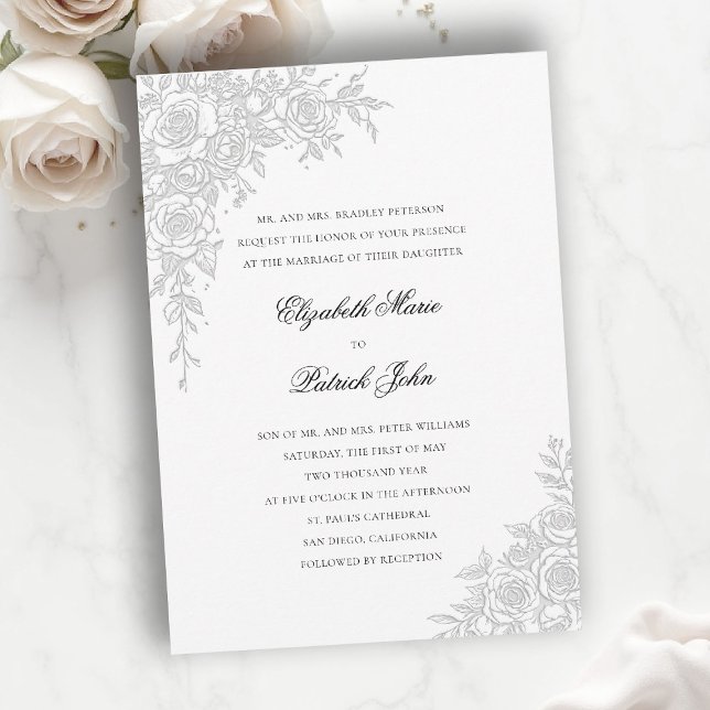 Convites Rose Theme Graceful White Formal Classic Wedding (formal traditional wedding invitation roses theme floral frame modern classic luxury pure white)