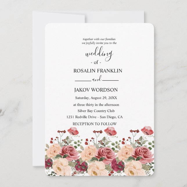 Convites rose watercolor wedding Invitation (Frente)