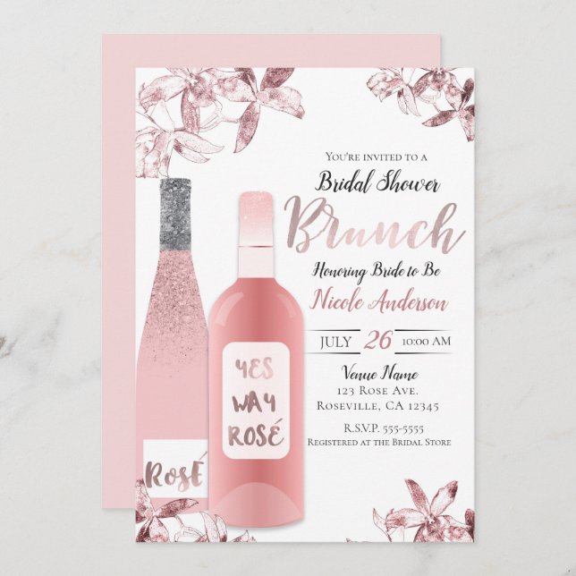 Convites Rosè Wine & Orchid Flowers Brunch Breakfast (Frente/Verso)
