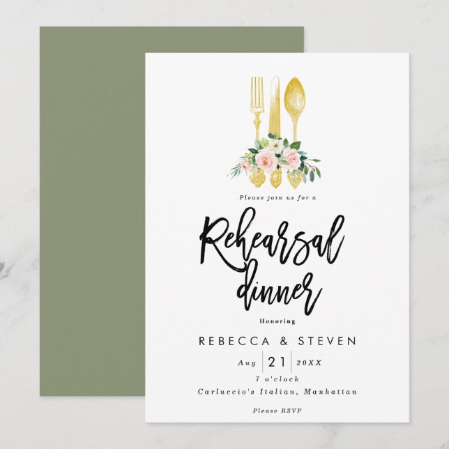 Convites roseiras cor-de-rosa, simulação de ensaio em ouro, (Frente/Verso)