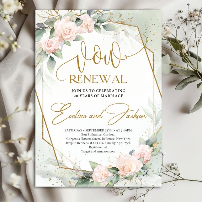 Convites Roseiras rosadas escamosas elegantes e renovação d (Elegant pale pink delicate roses vow renewal invitation digital)