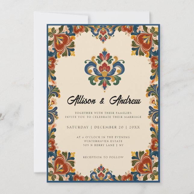 Convites Rosemaling Norueguês | Casamento (Frente)