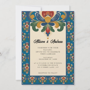 Convites Rosemaling Norueguês Casamento Azul