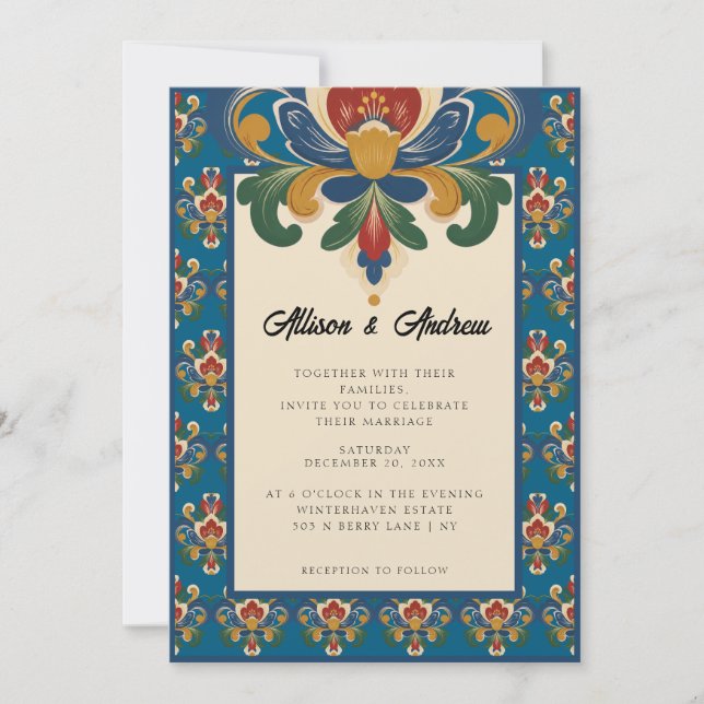 Convites Rosemaling Norueguês | Casamento Azul (Frente)