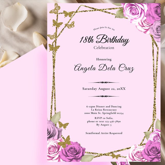 Convites Roses and Butterflies Pink 18th Debut Birthday (Criador carregado)