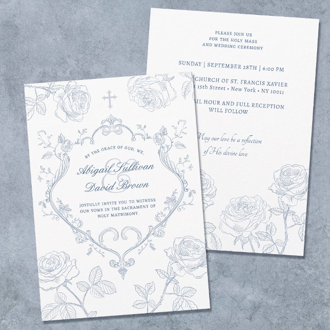 Convites Roses Blue Crest Catholic Wedding (Criador carregado)