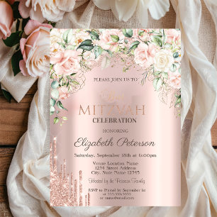 Convites Roses Brilho Gotas Rosa Dourado Bat Mitzvah
