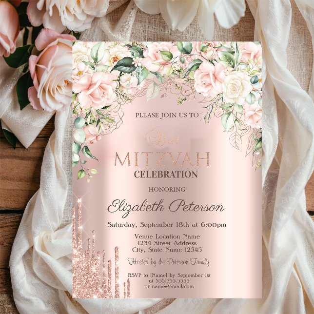 Convites Roses Brilho Gotas Rosa Dourado Bat Mitzvah (Criador carregado)