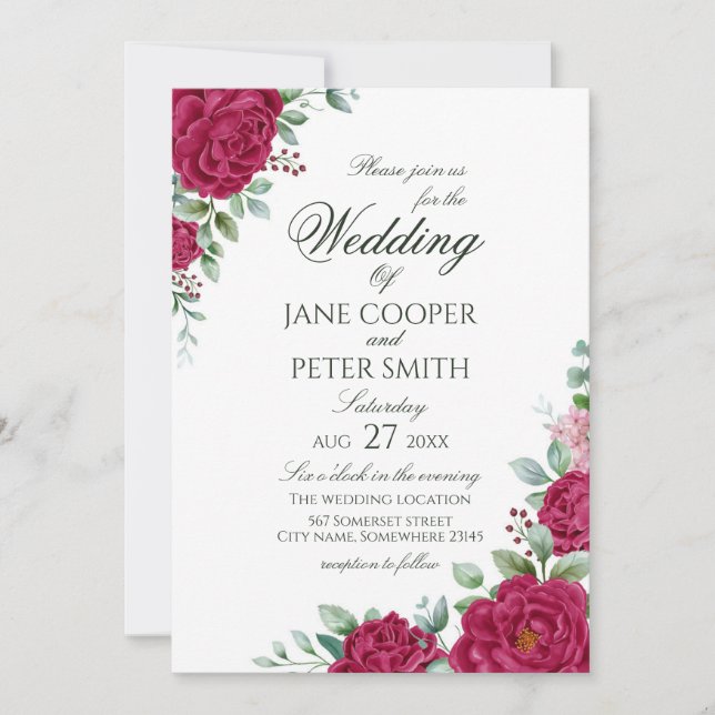 Convites Roses floral Budget Wedding Invitation (Frente)