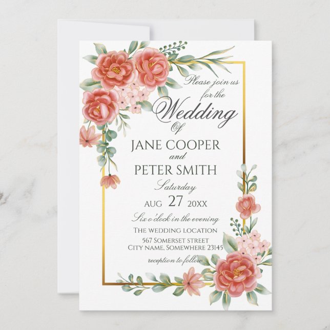 Convites Roses floral Wedding Invitation (Frente)