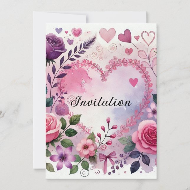 Convites Roses hearts Valentine floral pastel watercolor (Frente)