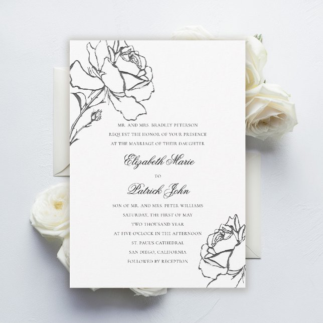 Convites Roses Modern Classic Formal Parents Host Wedding (black and white wedding invitation roses floral formal traditional modern classic parents host)