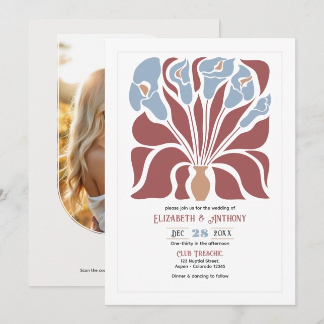 Convites Rosewood & Mist Abstract Floral Boho Wedding (Frente/Verso)